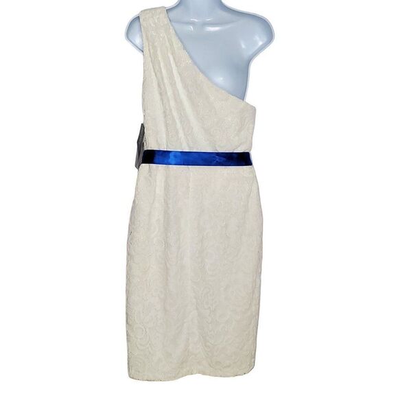 NEW Betsy & Adam One Shoulder Lace Dress 14 Sleeveless A-LIne Cream Ivory - Picture 3 of 6